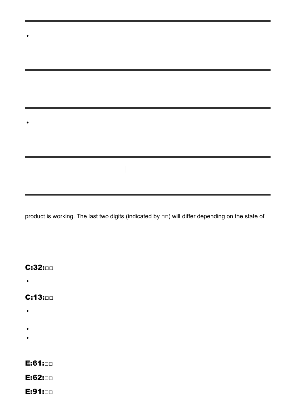 E-” appears on the screen. [330, Self-diagnosis display [331, E-” appears on the screen | Self-diagnosis display | Sony Cyber-shot DSC-RX100 IV User Manual | Page 255 / 259