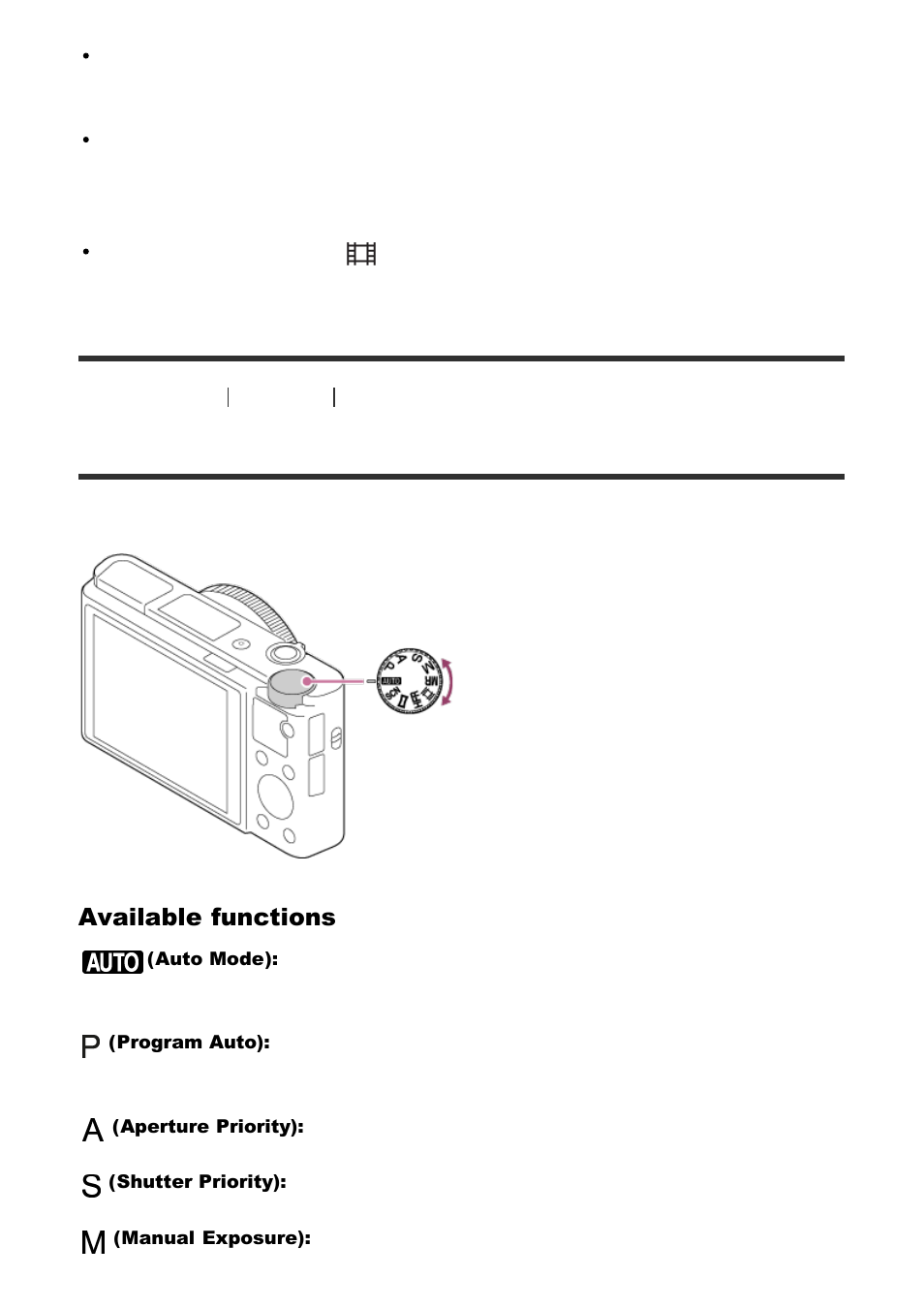 List of mode dial functions [25, List of mode dial functions, Available functions | Sony Cyber-shot DSC-RX100 IV User Manual | Page 49 / 259