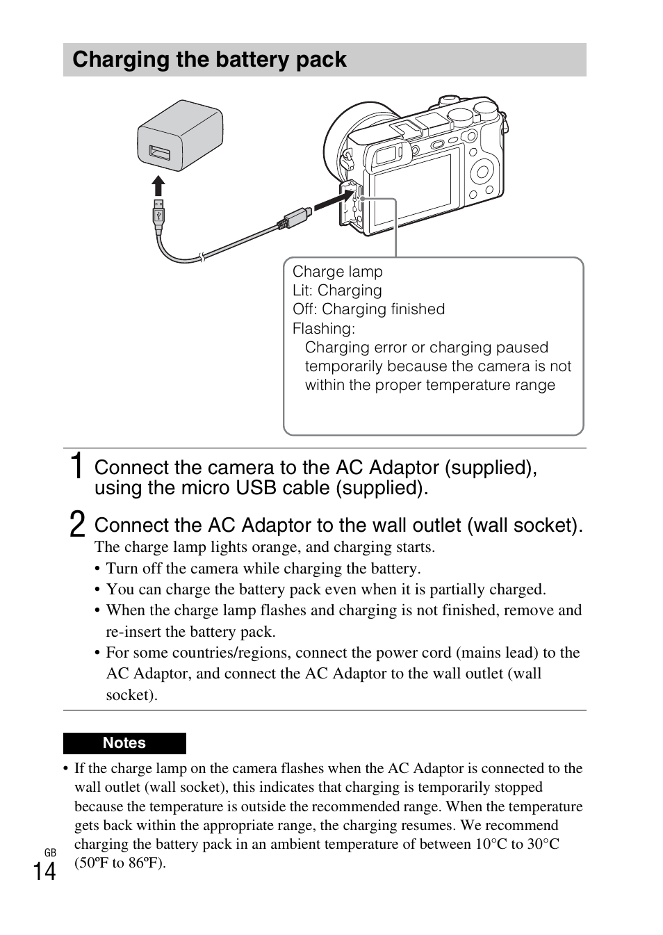 Charging the battery pack | Sony Alpha 6300 User Manual | Page 14 / 48