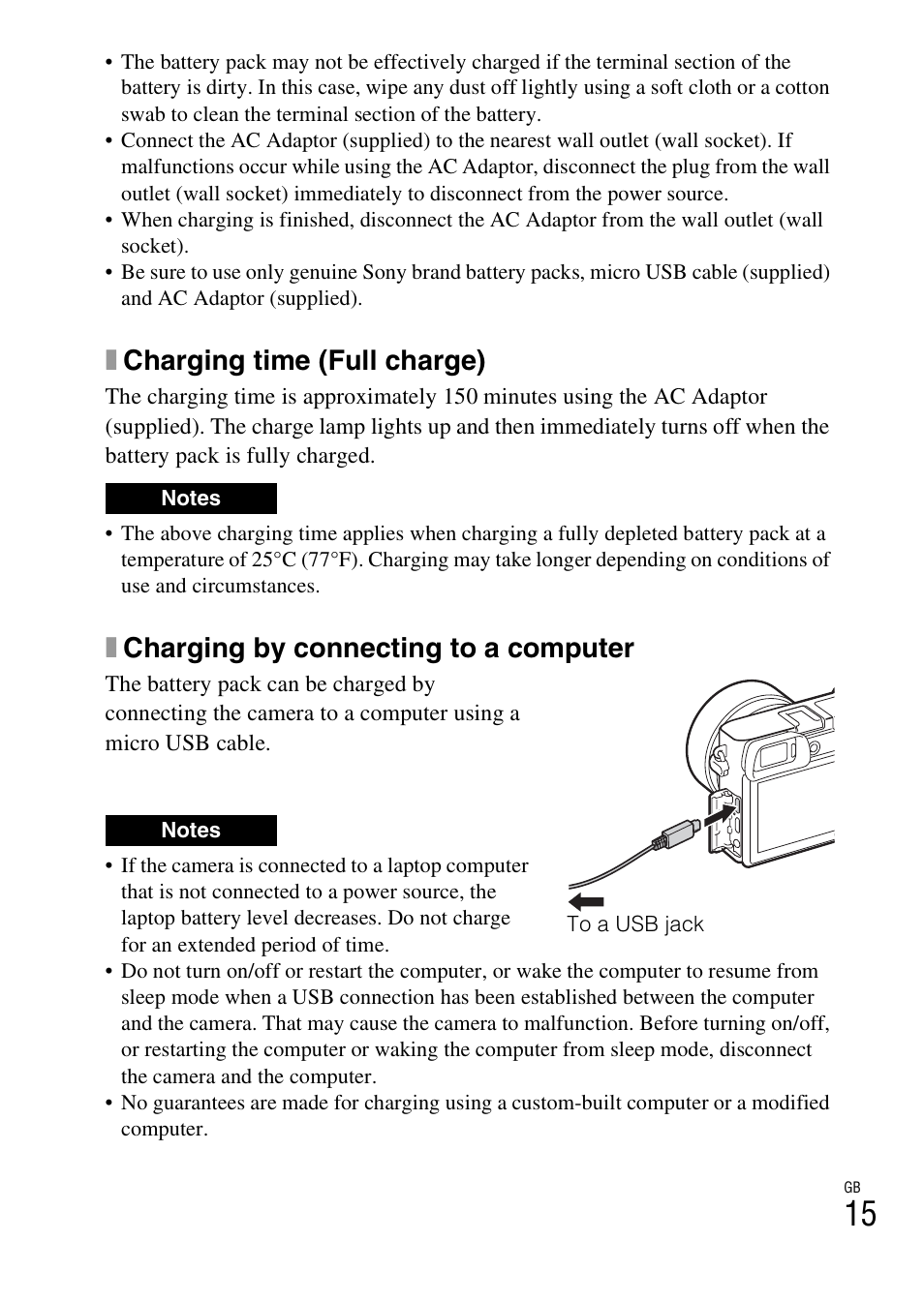 Xcharging time (full charge), Xcharging by connecting to a computer | Sony Alpha 6300 User Manual | Page 15 / 48