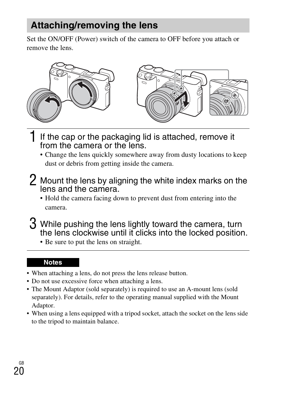 Attaching/removing the lens | Sony Alpha 6300 User Manual | Page 20 / 48