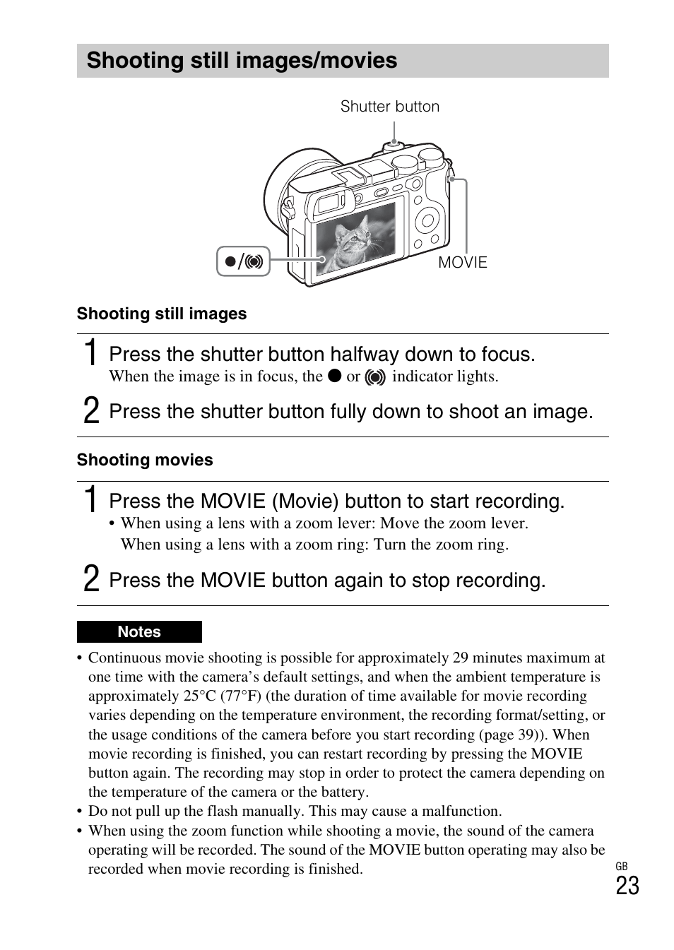 Shooting still images/movies, P. 23 | Sony Alpha 6300 User Manual | Page 23 / 48