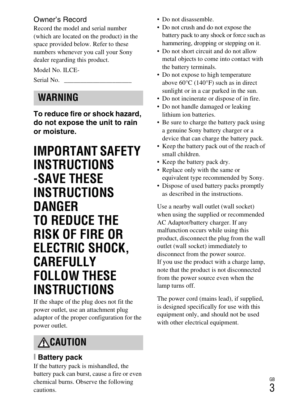 Warning caution | Sony Alpha 6300 User Manual | Page 3 / 48