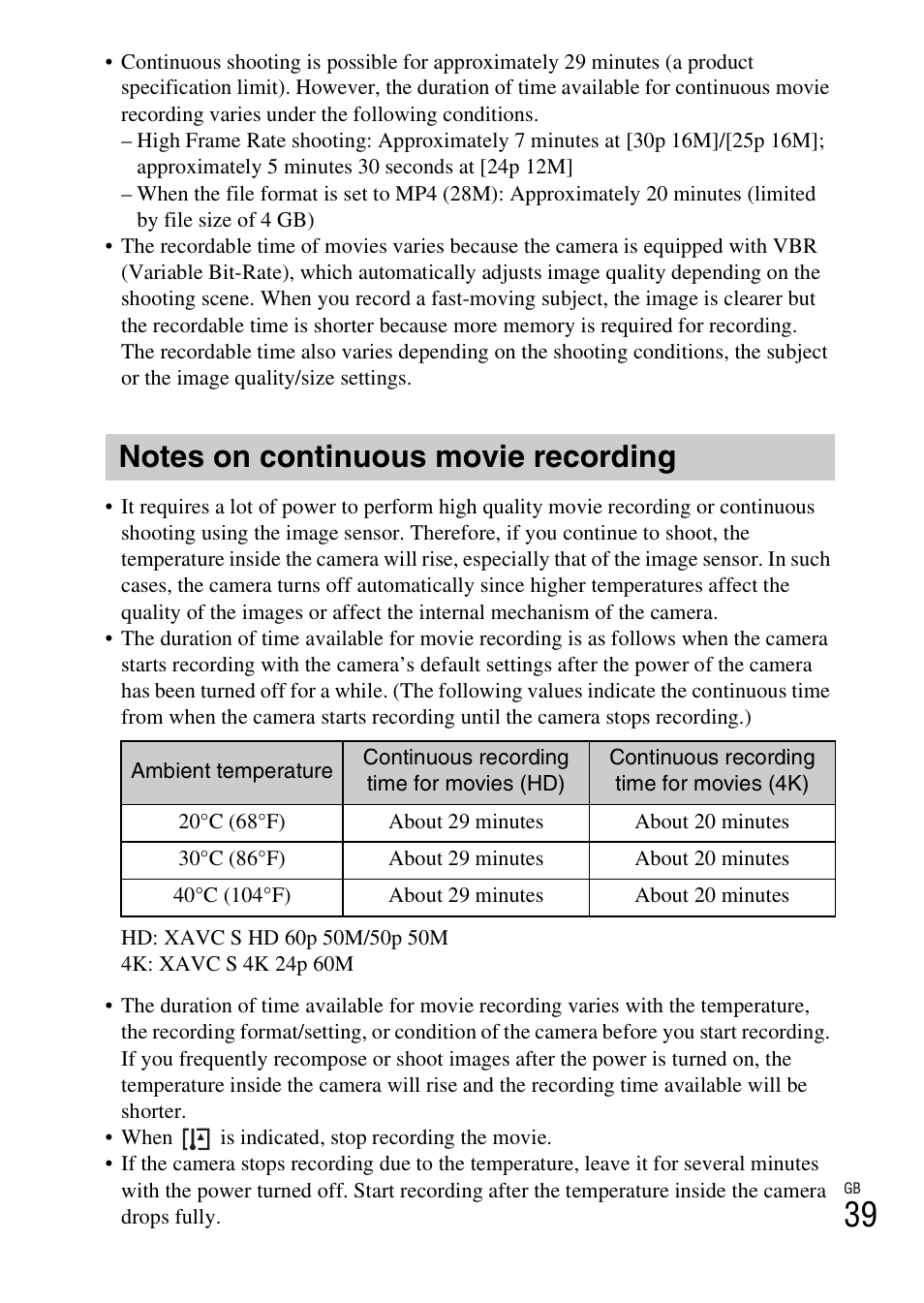 Notes on continuous movie recording | Sony Alpha 6300 User Manual | Page 39 / 48