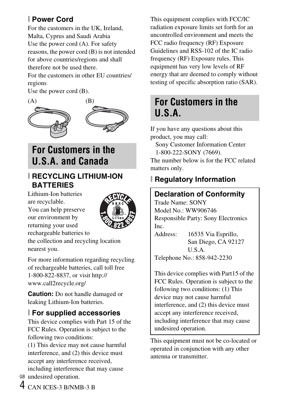 For customers in the u.s.a. and canada, For customers in the u.s.a | Sony Alpha 6300 User Manual | Page 4 / 48