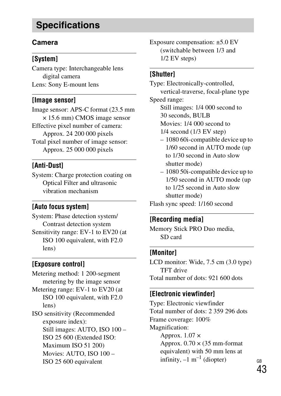 Specifications | Sony Alpha 6300 User Manual | Page 43 / 48