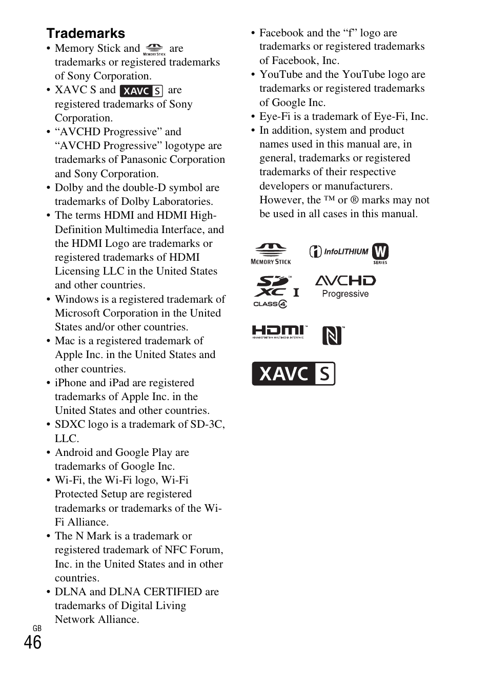 Trademarks | Sony Alpha 6300 User Manual | Page 46 / 48