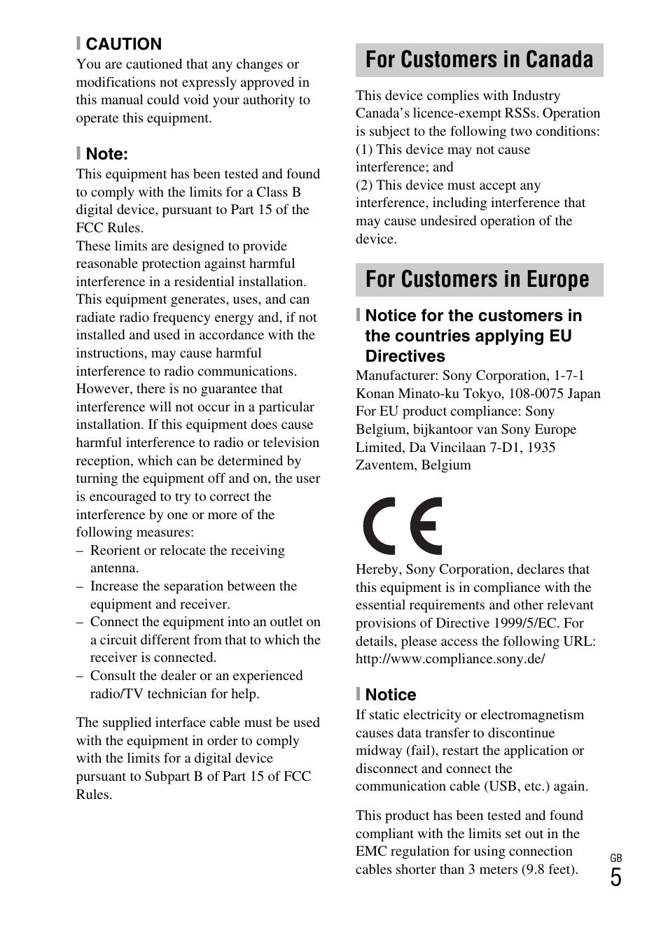 For customers in canada for customers in europe | Sony Alpha 6300 User Manual | Page 5 / 48