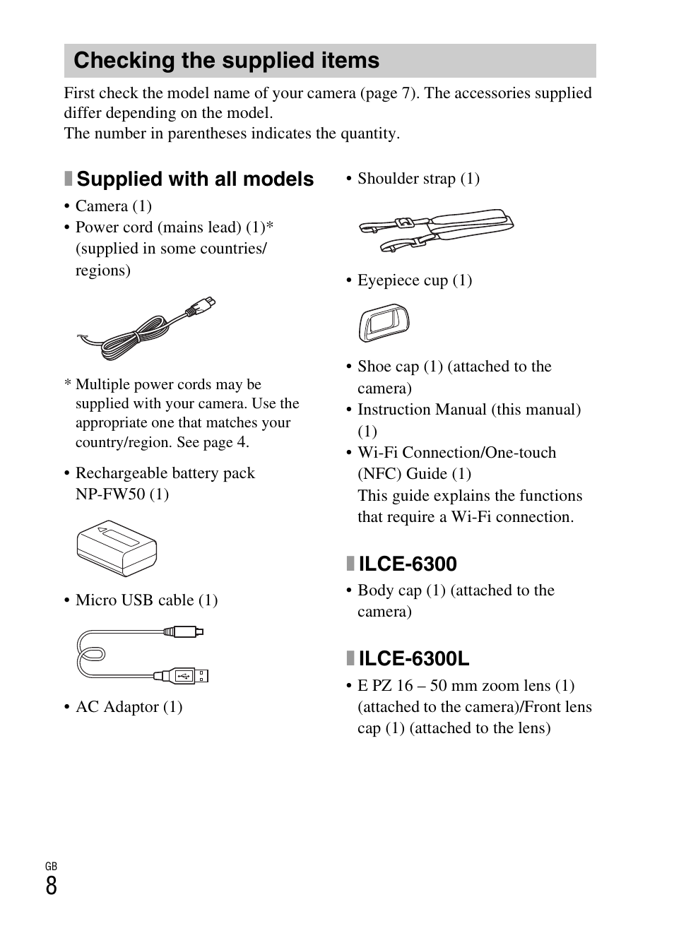 Checking the supplied items, P. 8, Xsupplied with all models | Xilce-6300, Xilce-6300l | Sony Alpha 6300 User Manual | Page 8 / 48