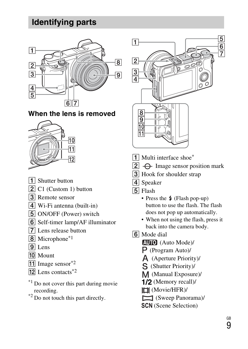 Identifying parts, When the lens is removed | Sony Alpha 6300 User Manual | Page 9 / 48