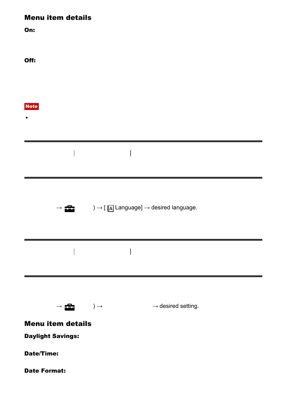 Language [214, Date/time setup [215, Area setting [216 | Language, Date/time setup | Sony Cyber-shot RX10 III User Manual | Page 196 / 274