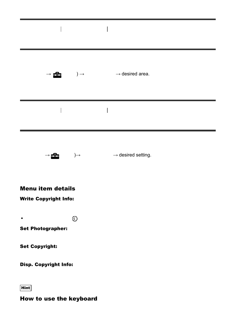 Copyright info [217, Area setting, Copyright info | Sony Cyber-shot RX10 III User Manual | Page 197 / 274