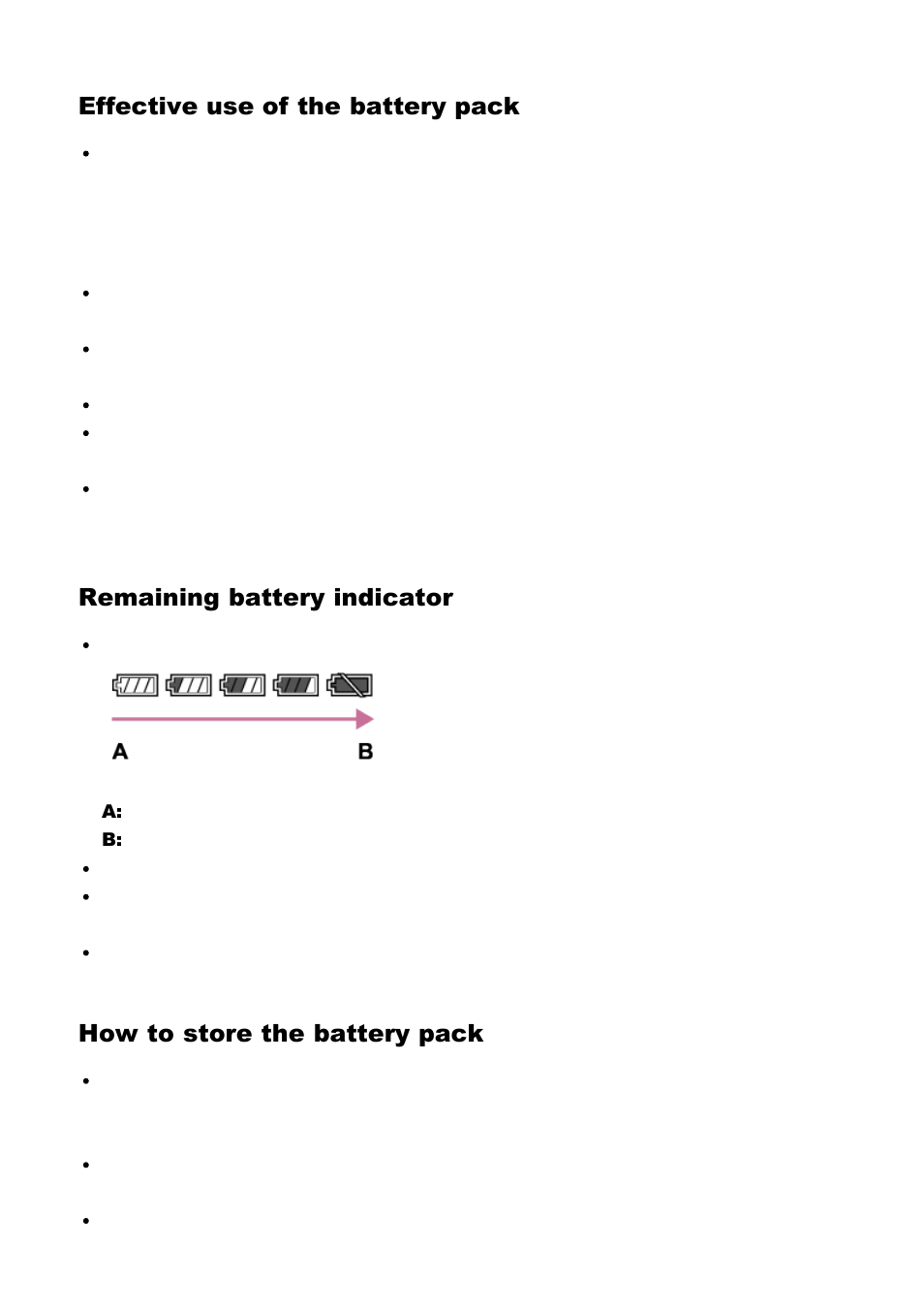 Effective use of the battery pack, Remaining battery indicator, How to store the battery pack | Sony Cyber-shot RX10 III User Manual | Page 240 / 274