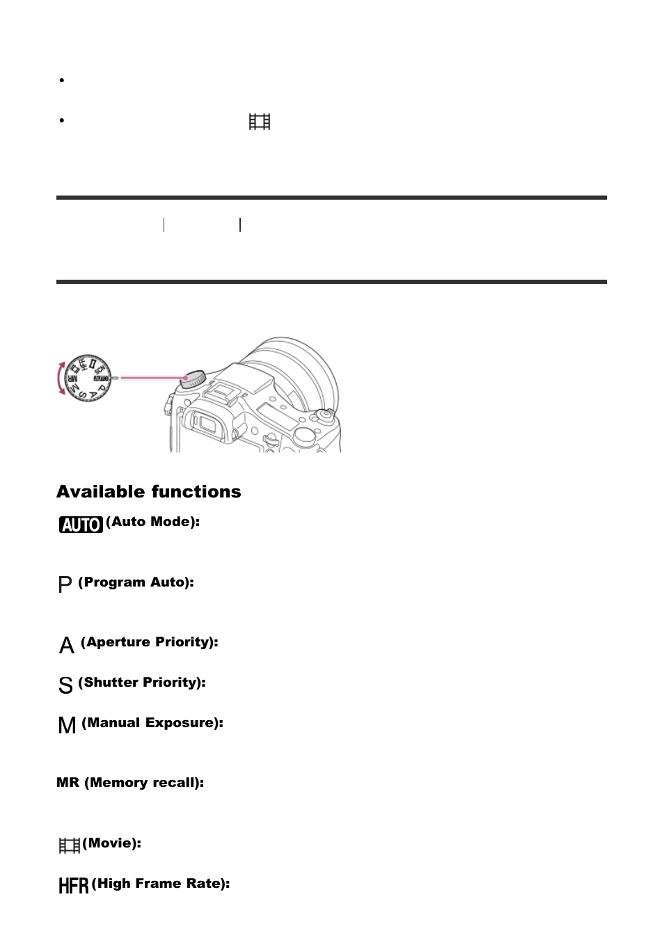 List of mode dial functions [28, List of mode dial functions, Available functions | Sony Cyber-shot RX10 III User Manual | Page 52 / 274