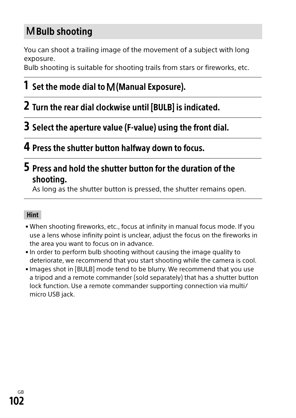 Bulb shooting | Sony Alpha 9 User Manual | Page 102 / 263