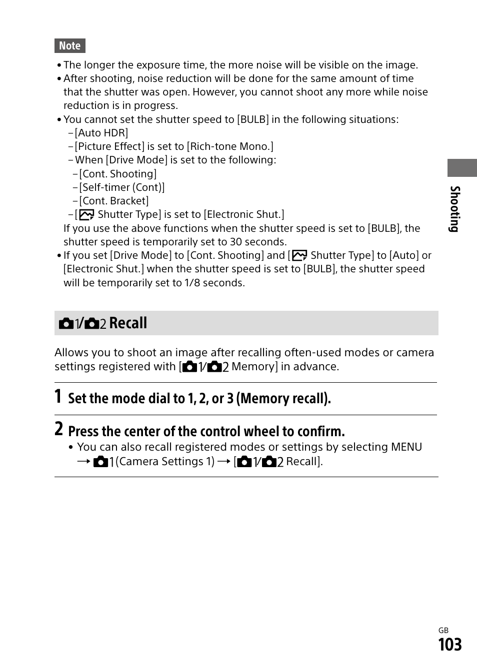 Recall, Press the center of the control wheel to confirm | Sony Alpha 9 User Manual | Page 103 / 263