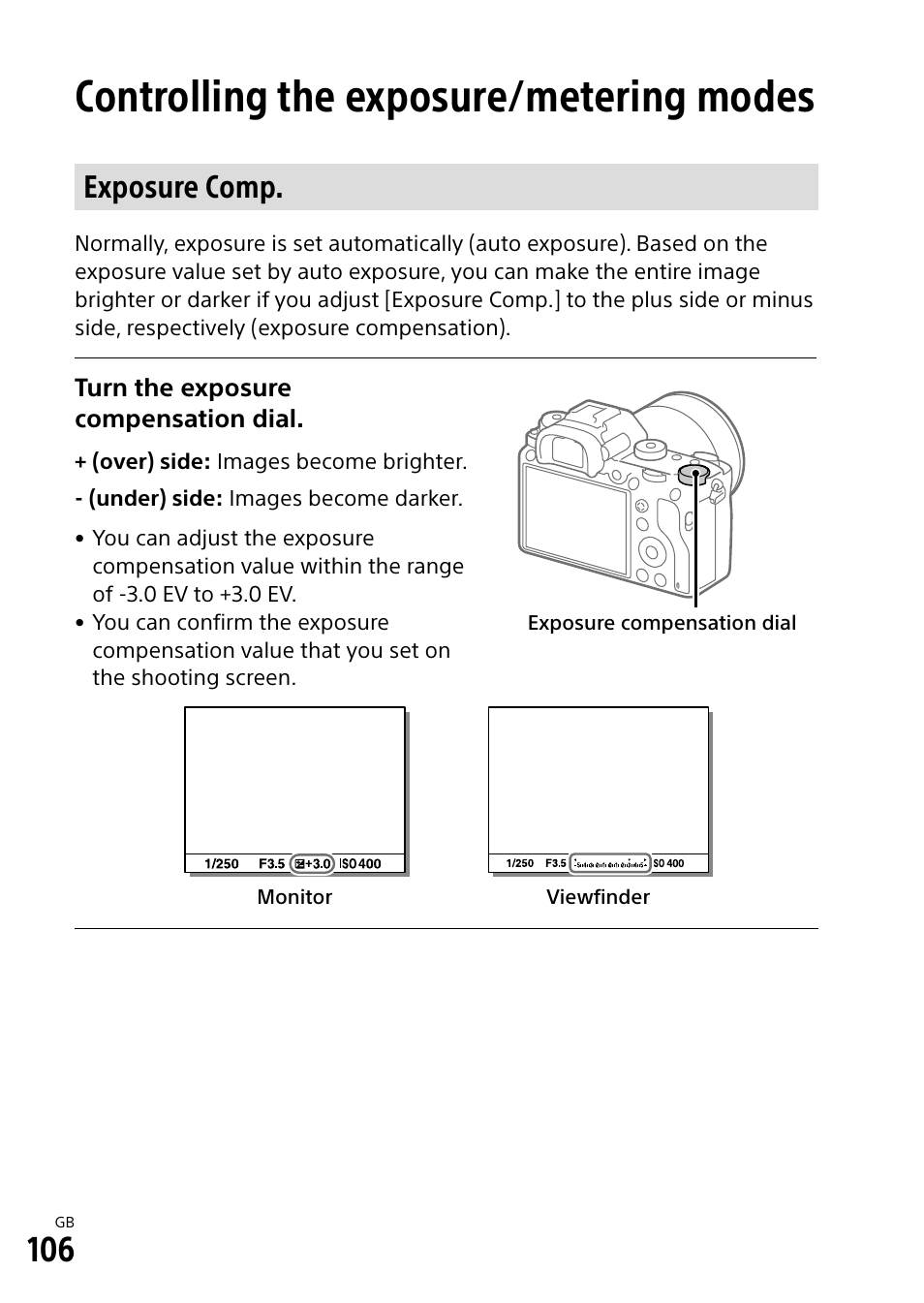 Controlling the exposure/metering modes, Exposure comp | Sony Alpha 9 User Manual | Page 106 / 263