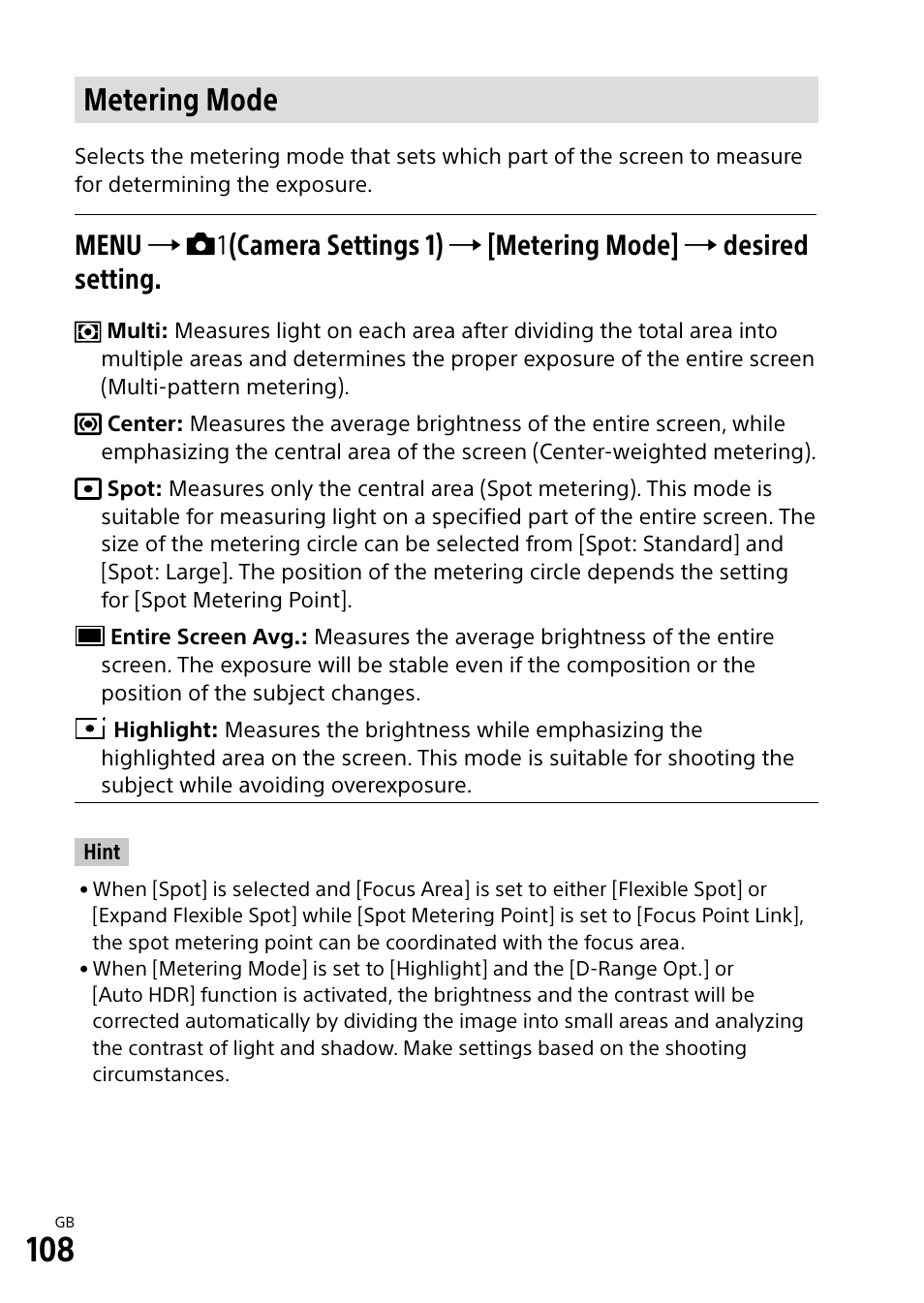 Metering mode | Sony Alpha 9 User Manual | Page 108 / 263