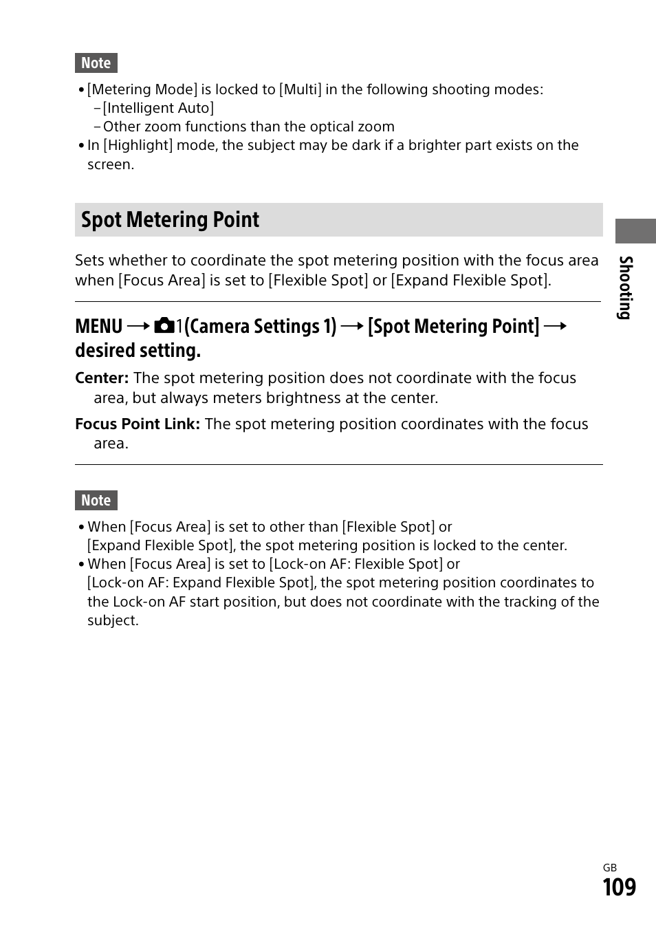 Spot metering point | Sony Alpha 9 User Manual | Page 109 / 263