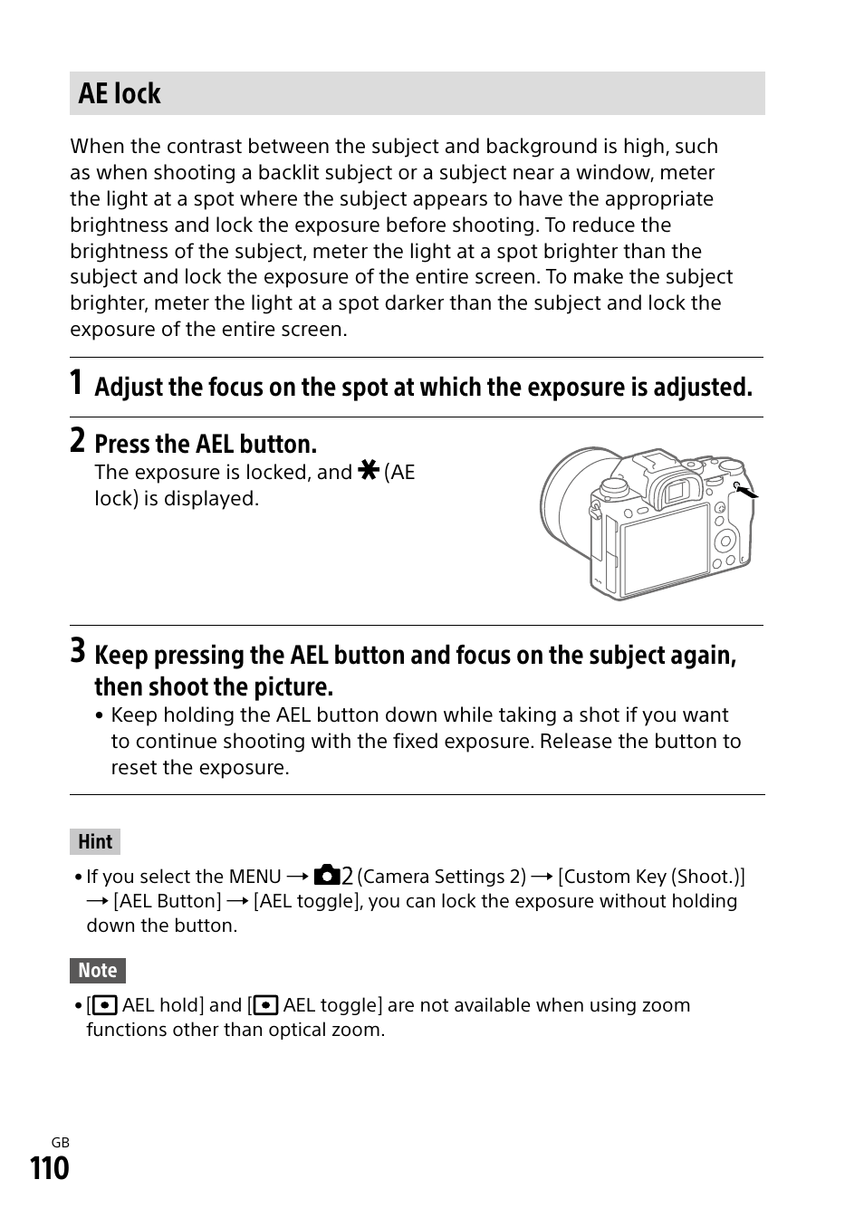 Ae lock, Press the ael button | Sony Alpha 9 User Manual | Page 110 / 263