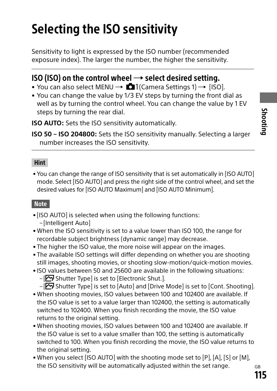 Selecting the iso sensitivity | Sony Alpha 9 User Manual | Page 115 / 263