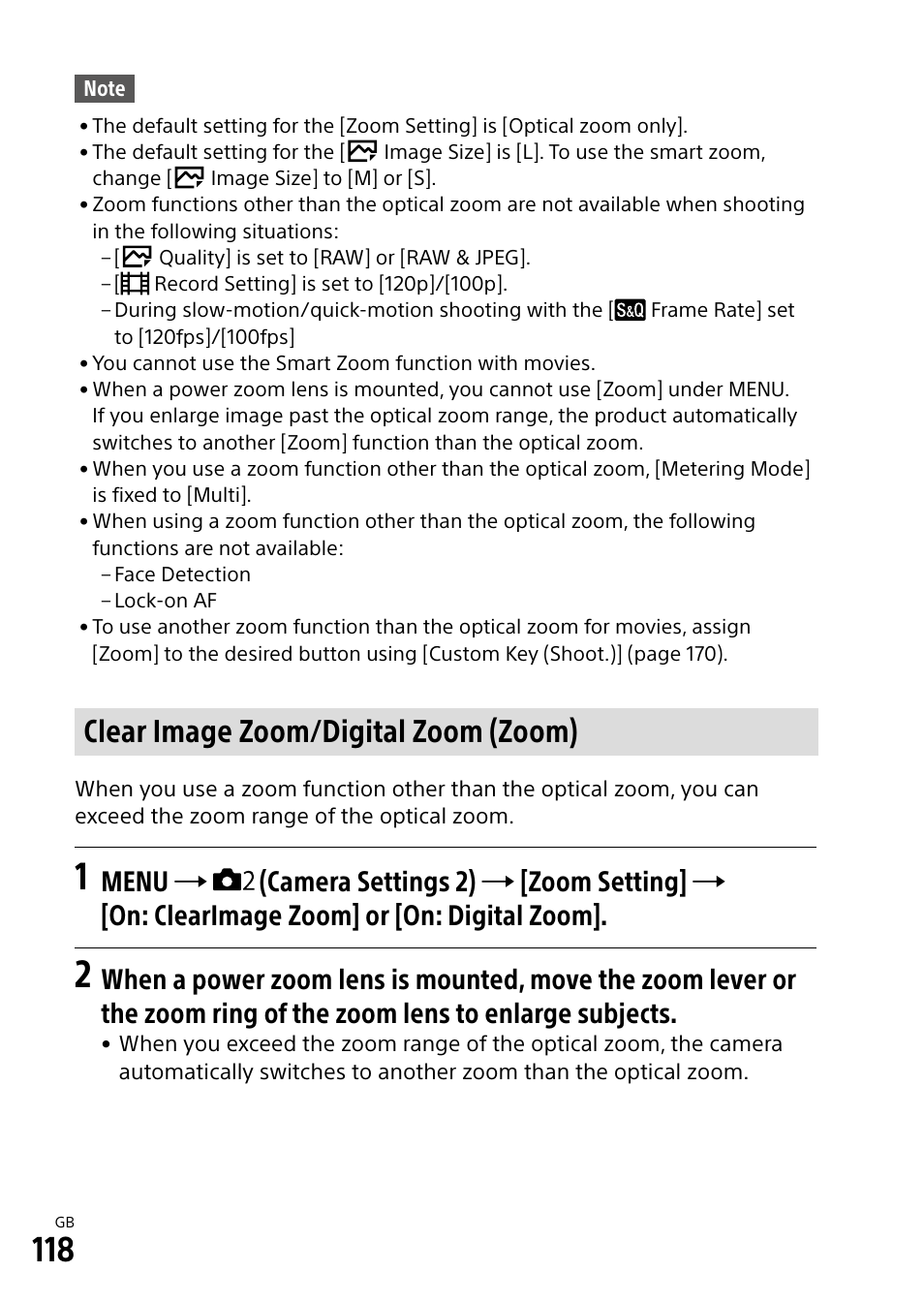 Clear image zoom/digital zoom (zoom) | Sony Alpha 9 User Manual | Page 118 / 263