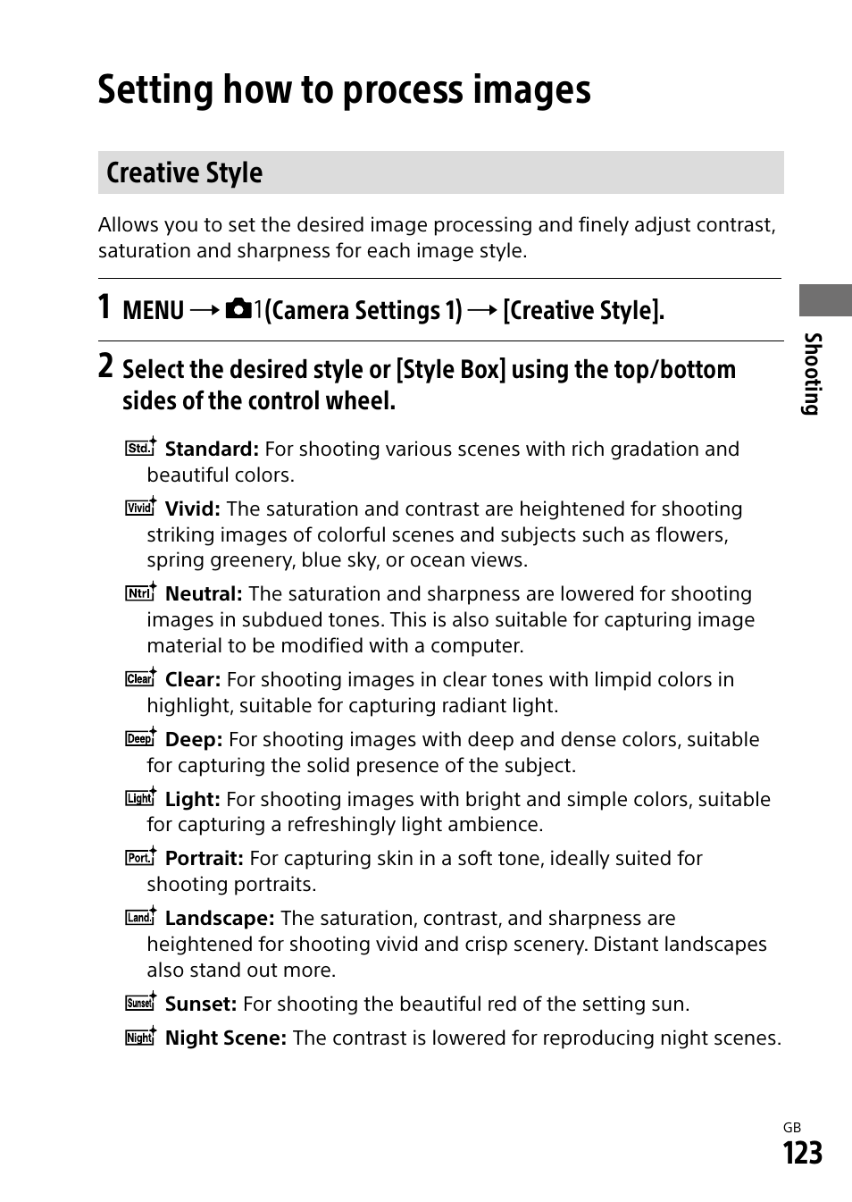 Setting how to process images, Creative style | Sony Alpha 9 User Manual | Page 123 / 263
