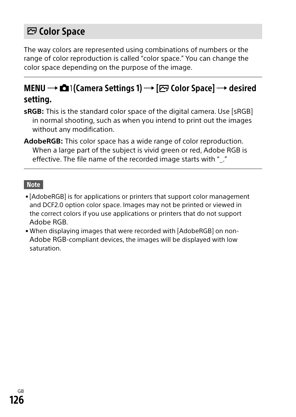 Color space | Sony Alpha 9 User Manual | Page 126 / 263
