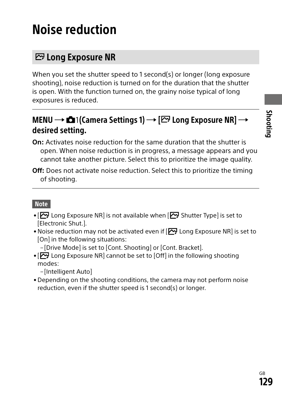 Noise reduction, Long exposure nr | Sony Alpha 9 User Manual | Page 129 / 263