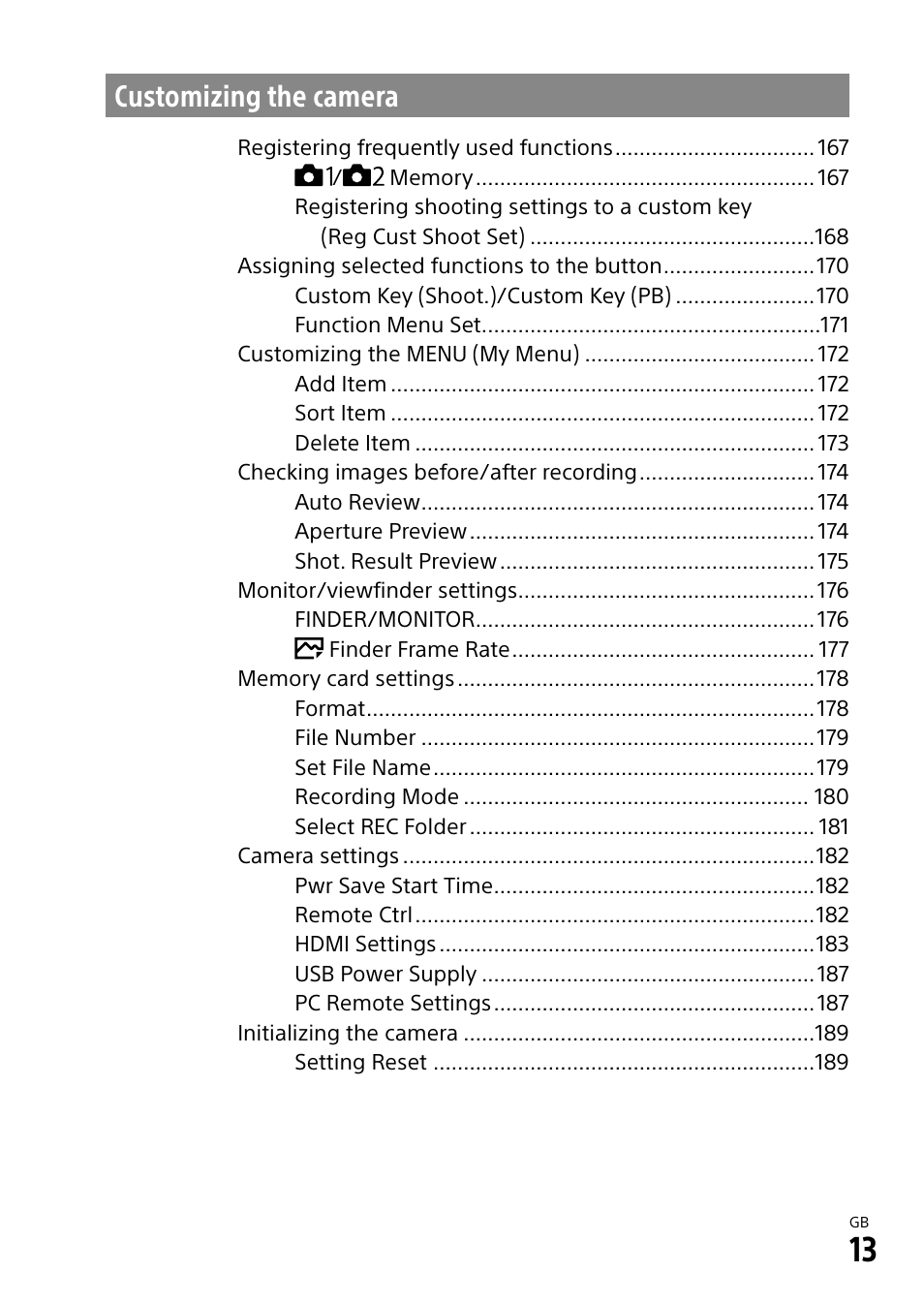 Customizing the camera | Sony Alpha 9 User Manual | Page 13 / 263