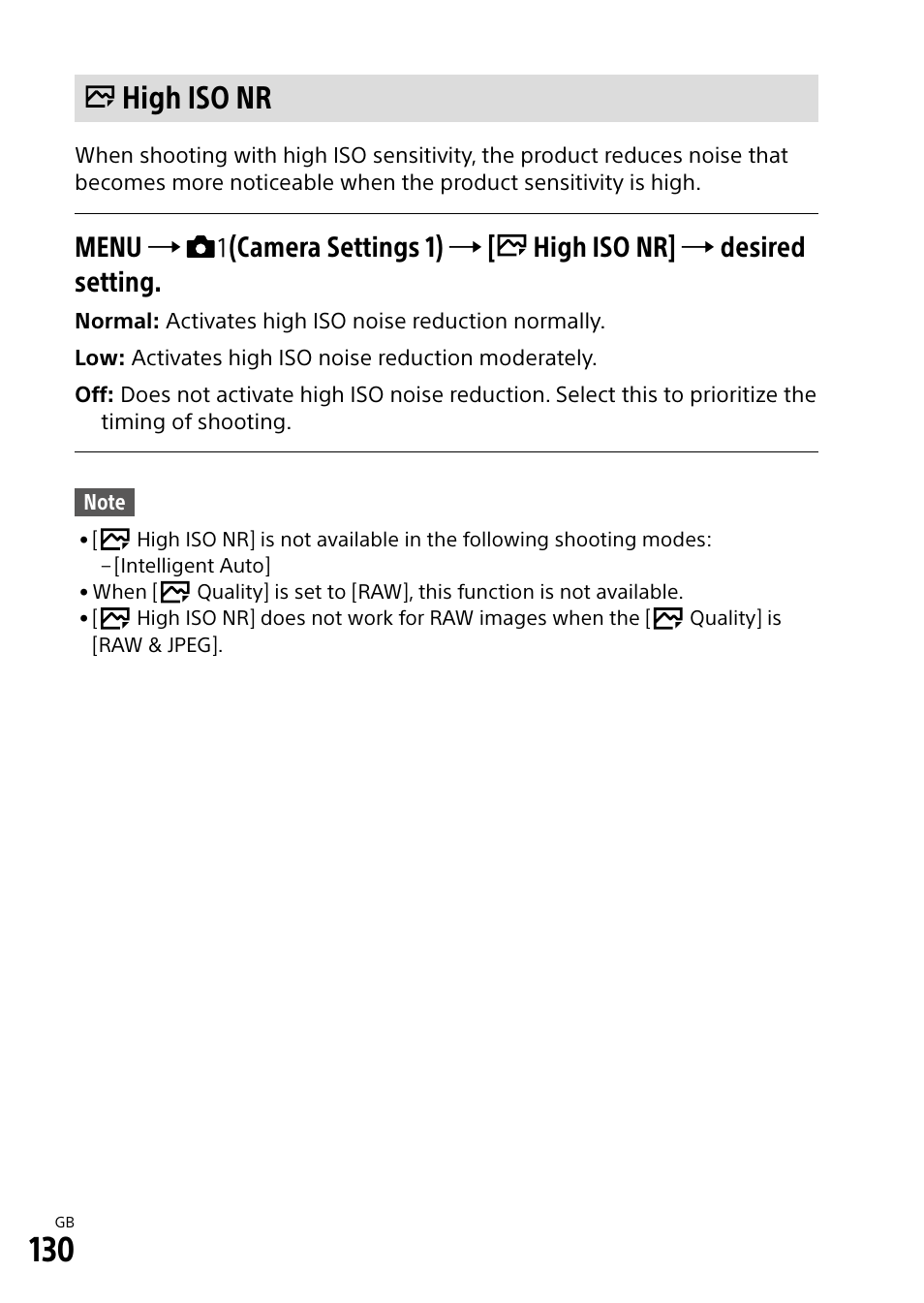 High iso nr | Sony Alpha 9 User Manual | Page 130 / 263