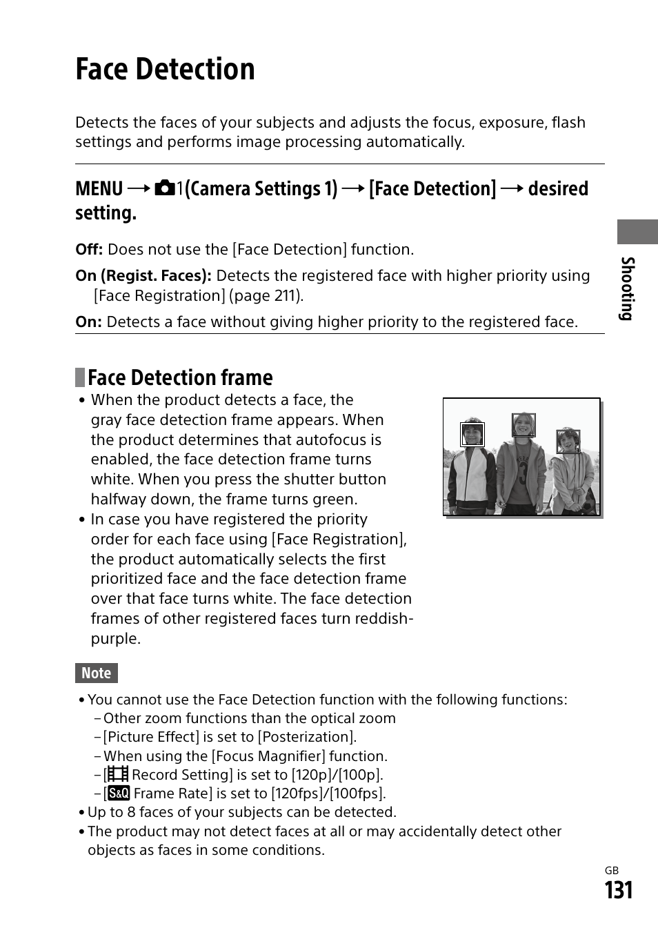 Face detection, Face detection frame | Sony Alpha 9 User Manual | Page 131 / 263