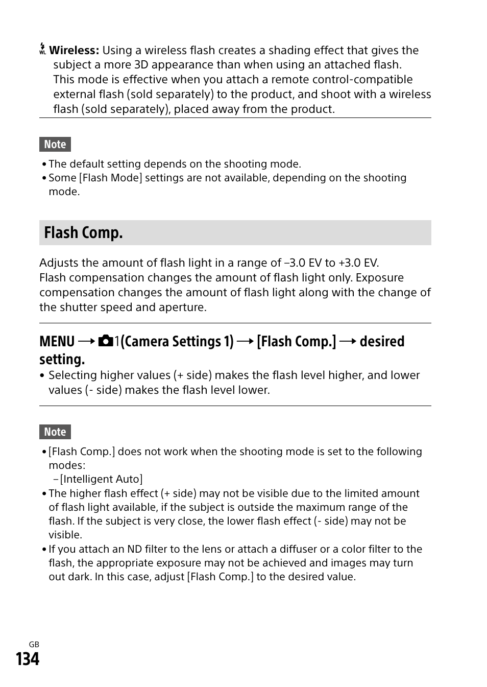 Flash comp | Sony Alpha 9 User Manual | Page 134 / 263