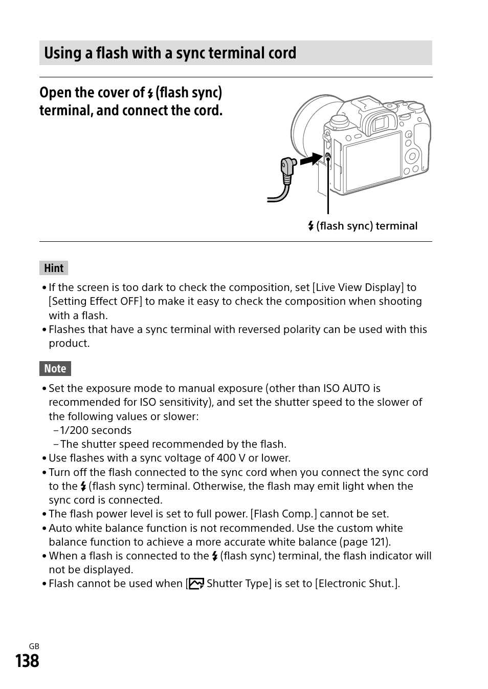 Using a flash with a sync terminal cord | Sony Alpha 9 User Manual | Page 138 / 263