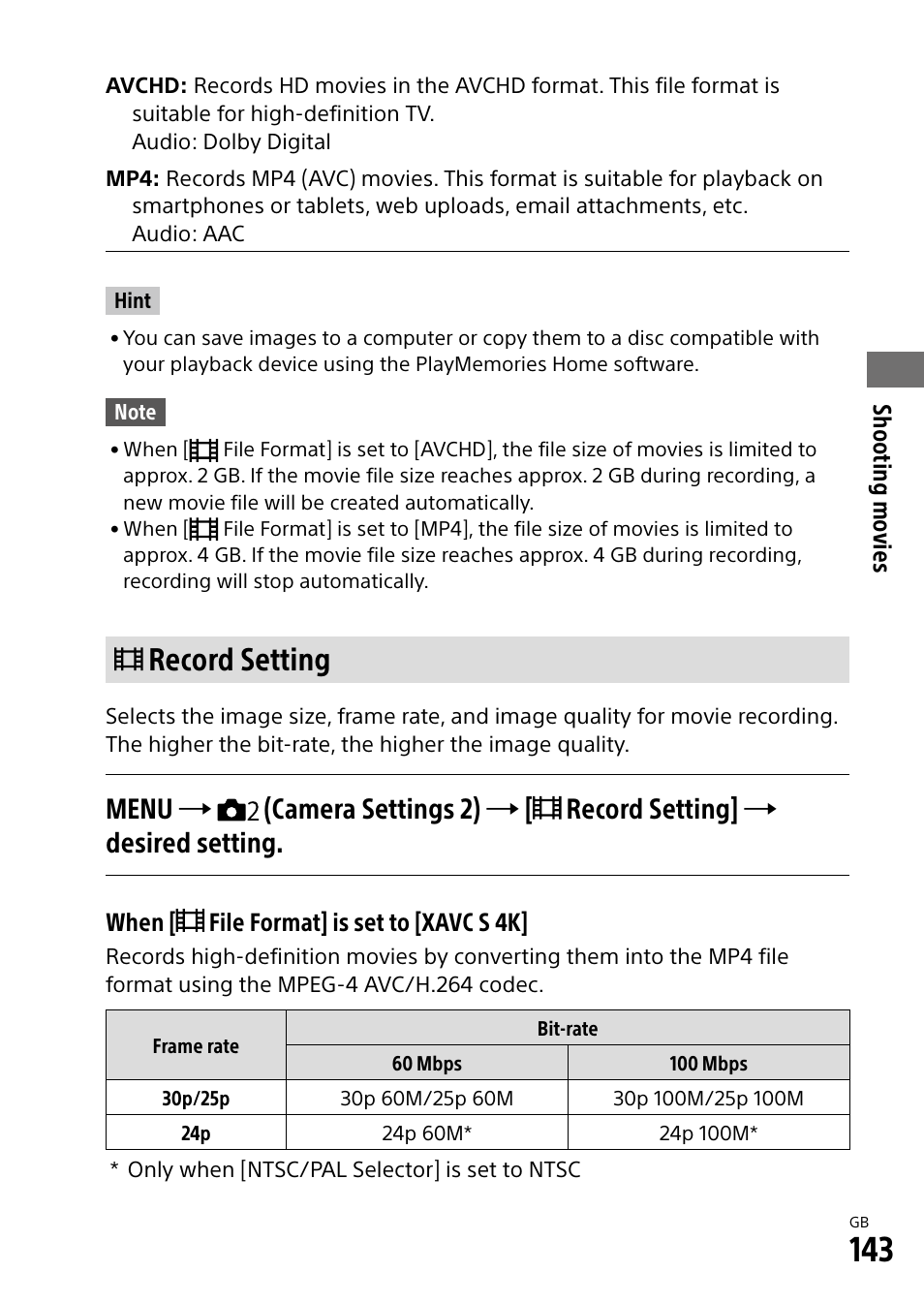 Record setting, Menu | Sony Alpha 9 User Manual | Page 143 / 263