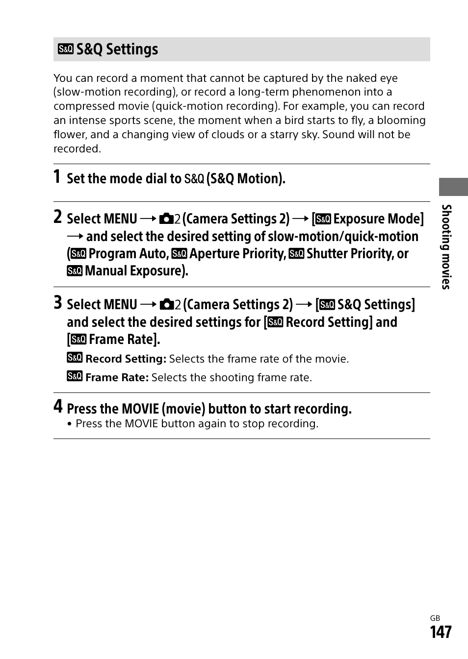 S&q settings | Sony Alpha 9 User Manual | Page 147 / 263