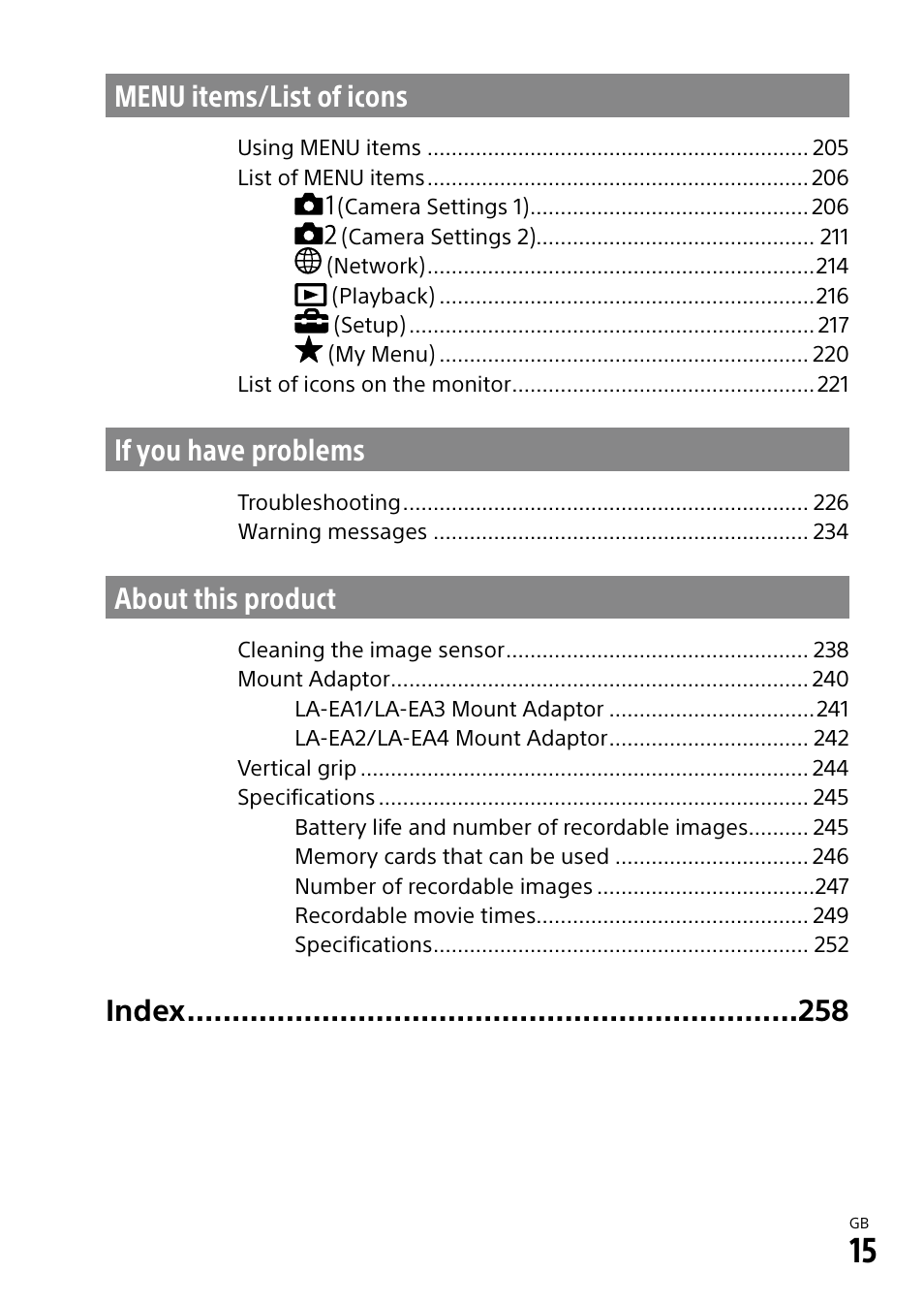 Menu items/list of icons, If you have problems, About this product | Index | Sony Alpha 9 User Manual | Page 15 / 263