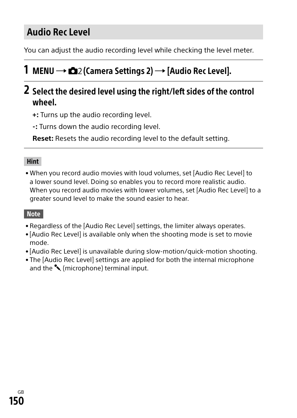 Audio rec level, Menu  (camera settings 2)  [audio rec level | Sony Alpha 9 User Manual | Page 150 / 263