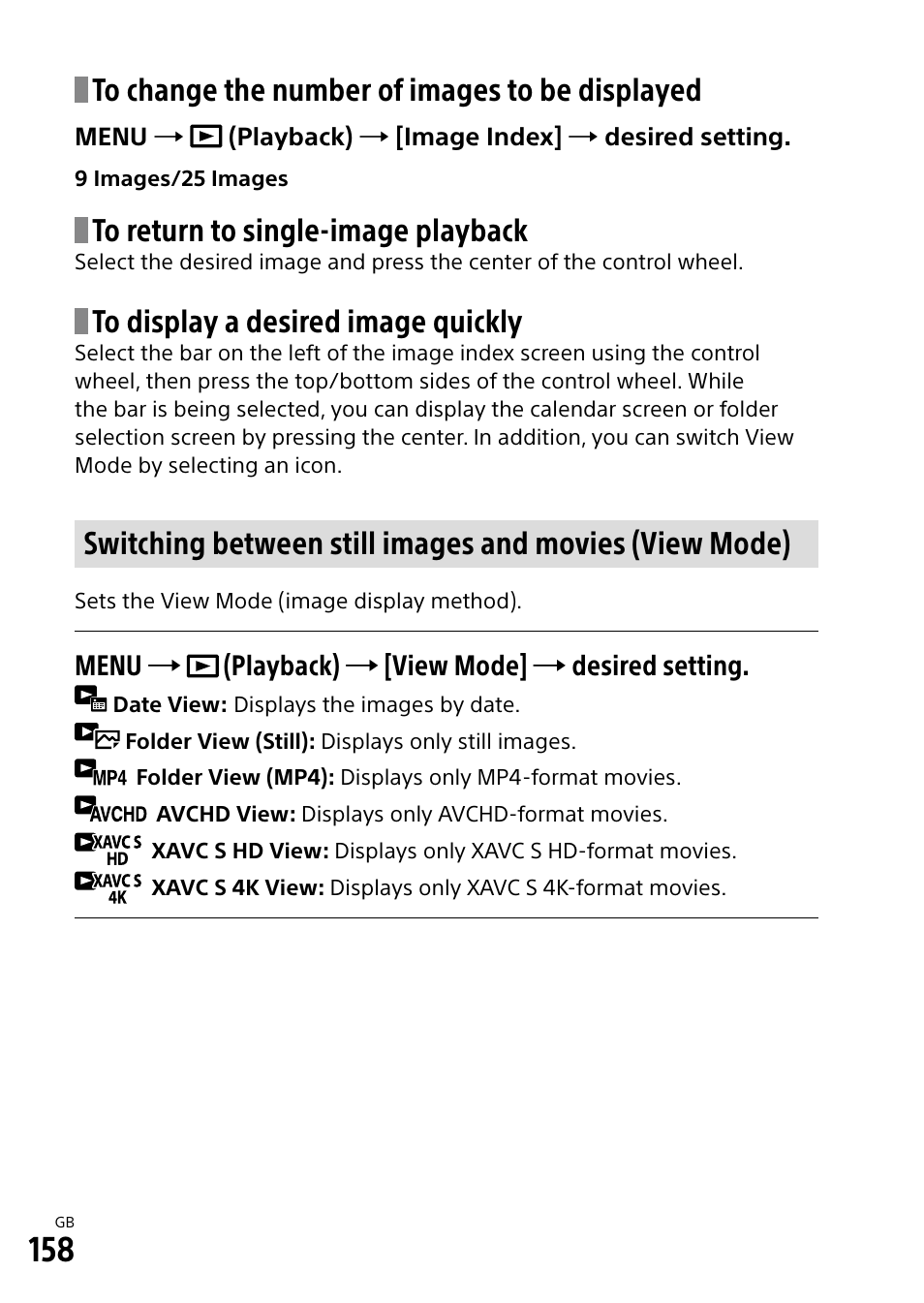 Menu  (playback)  [view mode]  desired setting | Sony Alpha 9 User Manual | Page 158 / 263