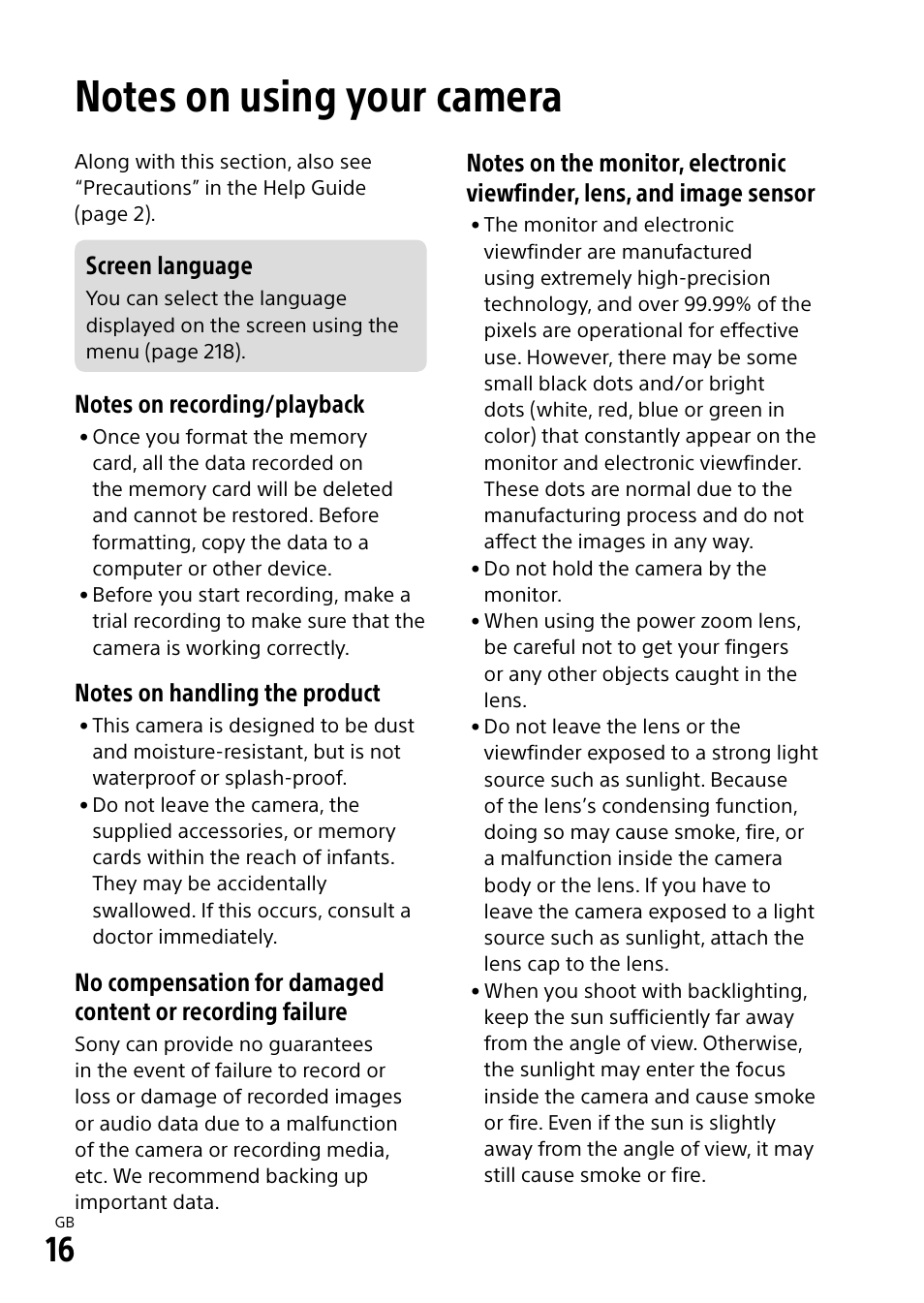 Notes on using your camera, Screen language | Sony Alpha 9 User Manual | Page 16 / 263