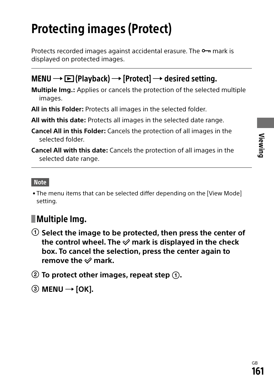 Protecting images (protect), Multiple img, Menu  (playback)  [protect]  desired setting | Sony Alpha 9 User Manual | Page 161 / 263