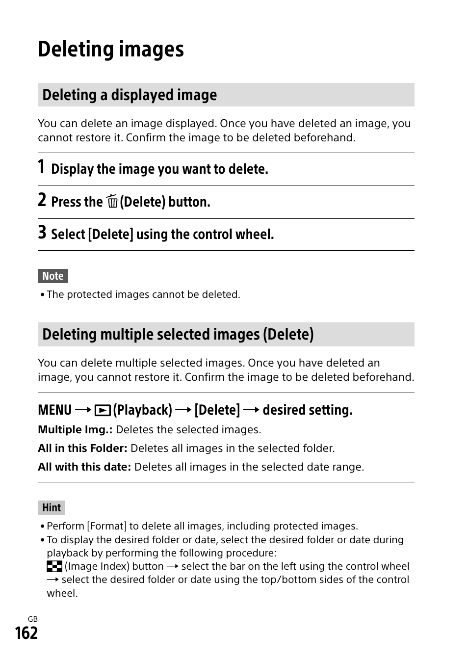 Deleting images, Deleting a displayed image, Deleting multiple selected images (delete) | Sony Alpha 9 User Manual | Page 162 / 263