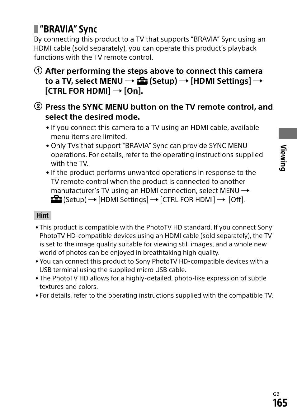Bravia” sync | Sony Alpha 9 User Manual | Page 165 / 263