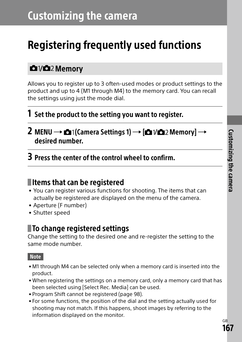 Customizing the camera, Registering frequently used functions, Memory | Items that can be registered | Sony Alpha 9 User Manual | Page 167 / 263