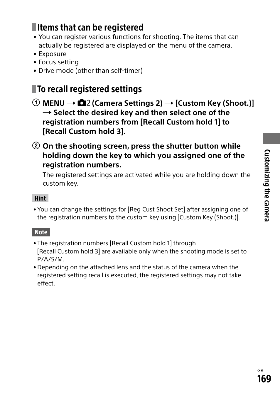 Items that can be registered | Sony Alpha 9 User Manual | Page 169 / 263
