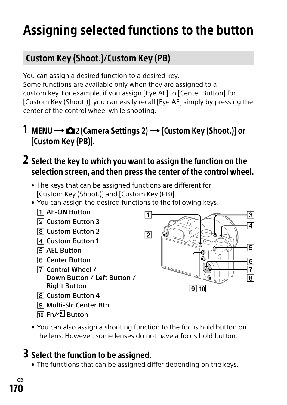 Assigning selected functions to the button, Custom key (shoot.)/custom key (pb), Select the function to be assigned | Sony Alpha 9 User Manual | Page 170 / 263