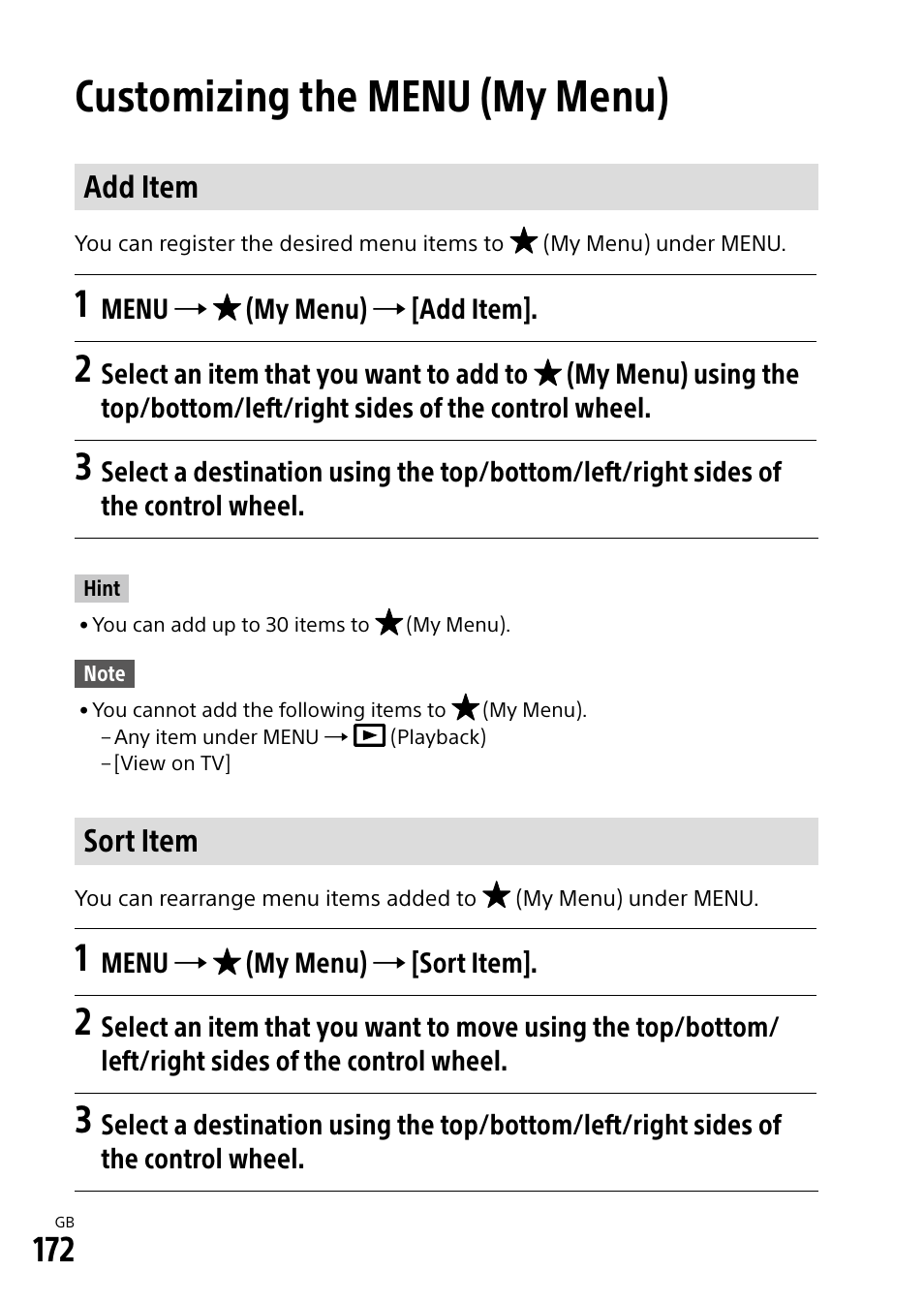 Customizing the menu (my menu), Add item, Sort item | Sony Alpha 9 User Manual | Page 172 / 263