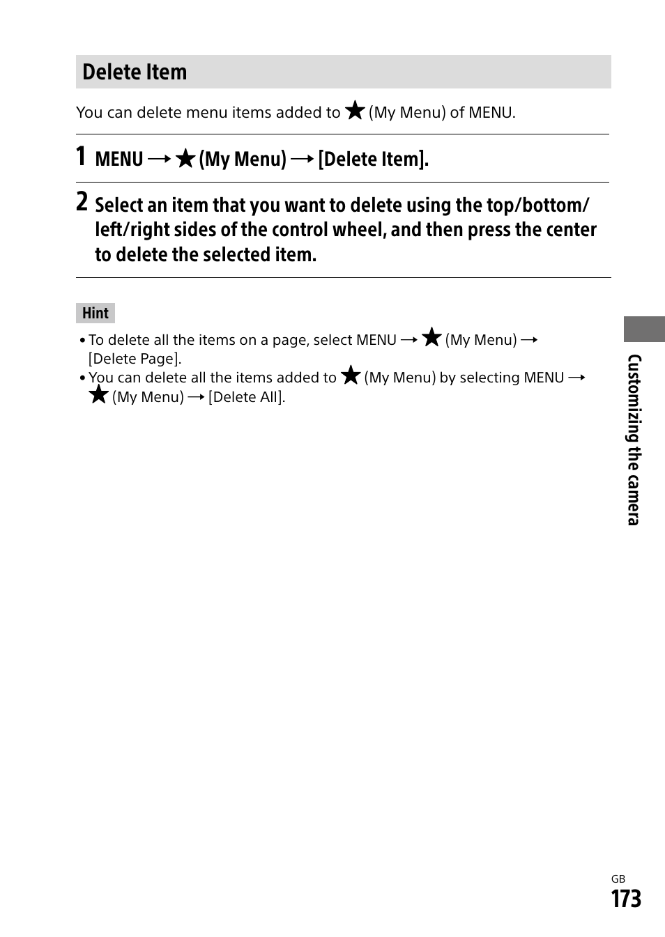 Delete item, Menu  (my menu)  [delete item | Sony Alpha 9 User Manual | Page 173 / 263