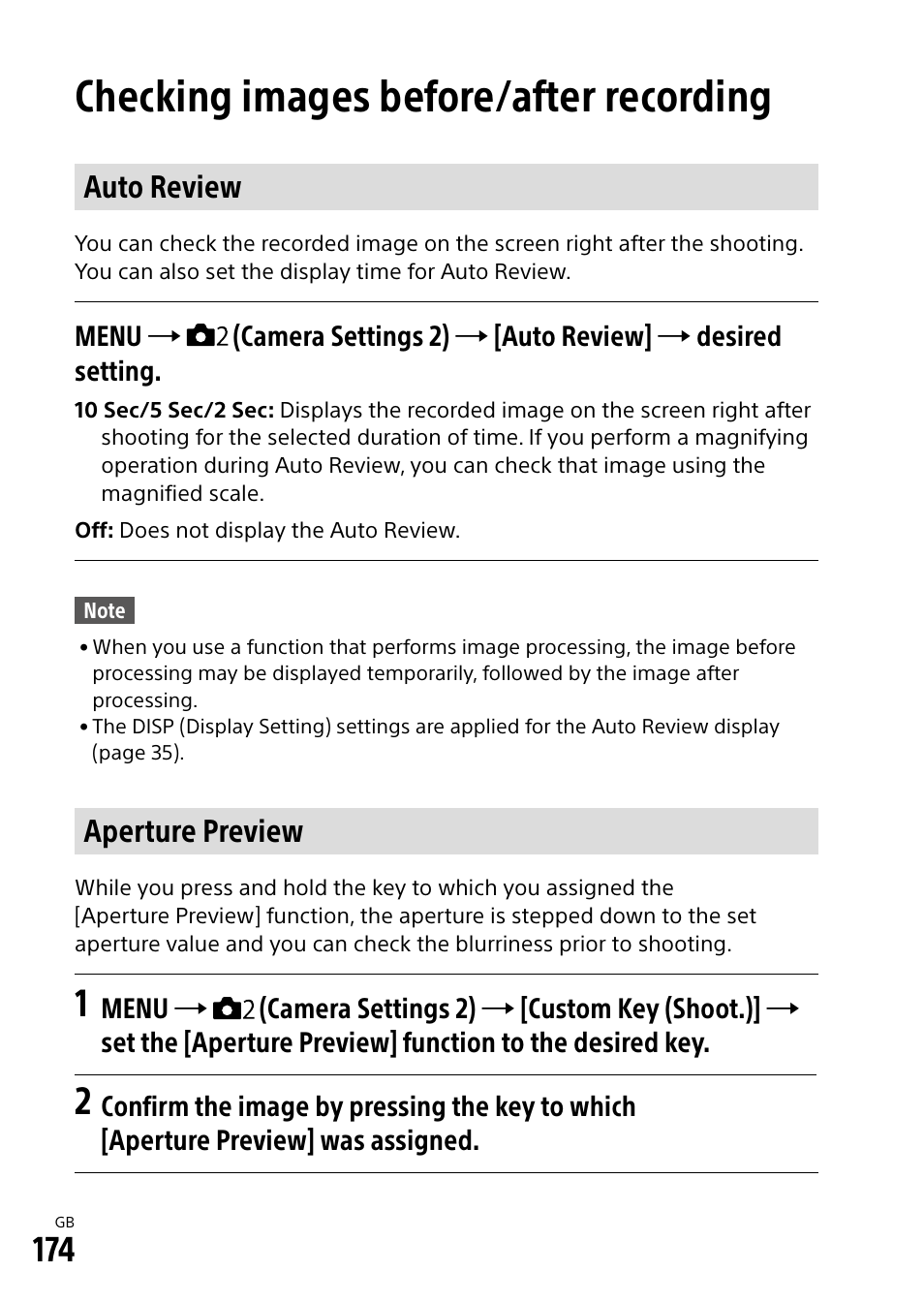 Checking images before/after recording, Auto review, Aperture preview | Sony Alpha 9 User Manual | Page 174 / 263