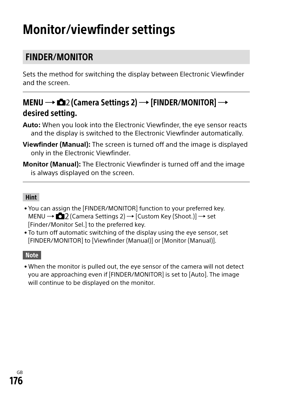 Monitor/viewfinder settings, Finder/monitor | Sony Alpha 9 User Manual | Page 176 / 263